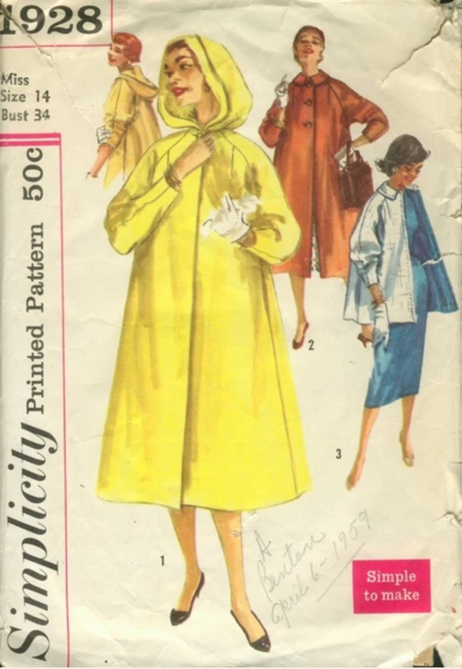 1950's Simplicity Hooded Coat in Two lengths Pattern – Bust 36” - No. 1928