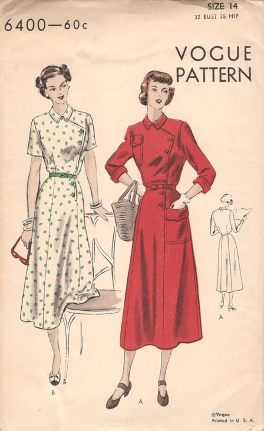 1940's Vogue Asymmetrical Front Dress Pattern with Pockets - Bust 32" - No. 6400