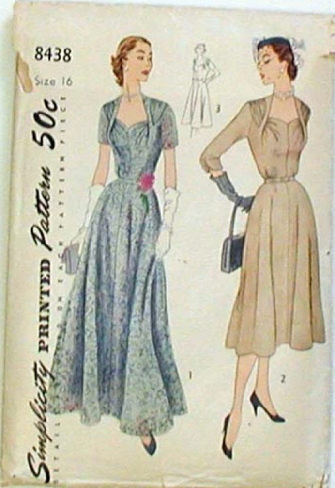 1950's Simplicity Gathered Accent Dress Pattern in Daytime and Evening Lengths - Bust 32" - No. 8438