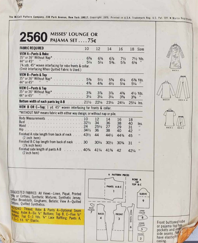 1970's McCall's Robe or Lounge Set pattern - Bust 40" - No. 2560