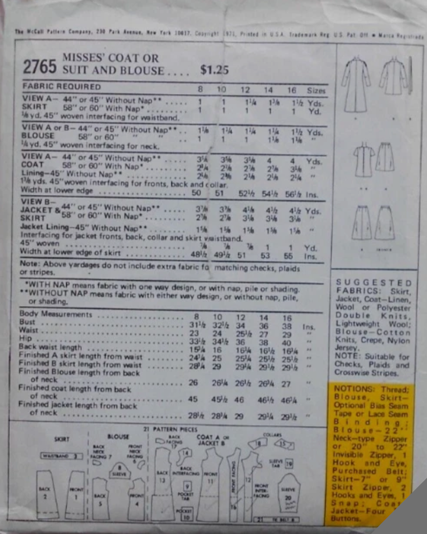 1970's McCall's Blouse, Suit and Coat or Jacket Pattern  - Bust 32.5" - No. 2765