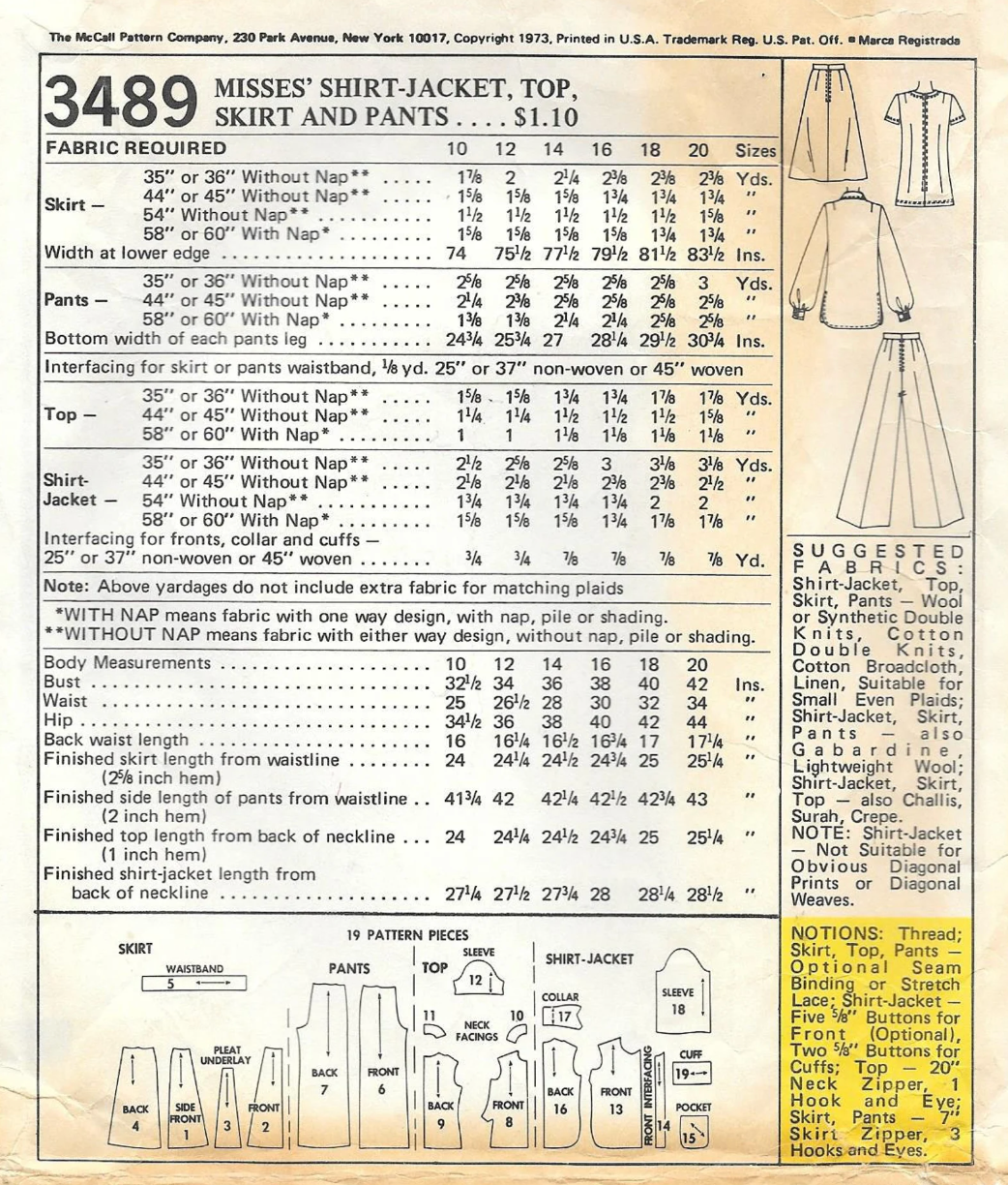 1970's McCall's Shacket (Shirt Jacket), Blouse, A Line Skirt and Pants Pattern - Bust 34" - No. 3489