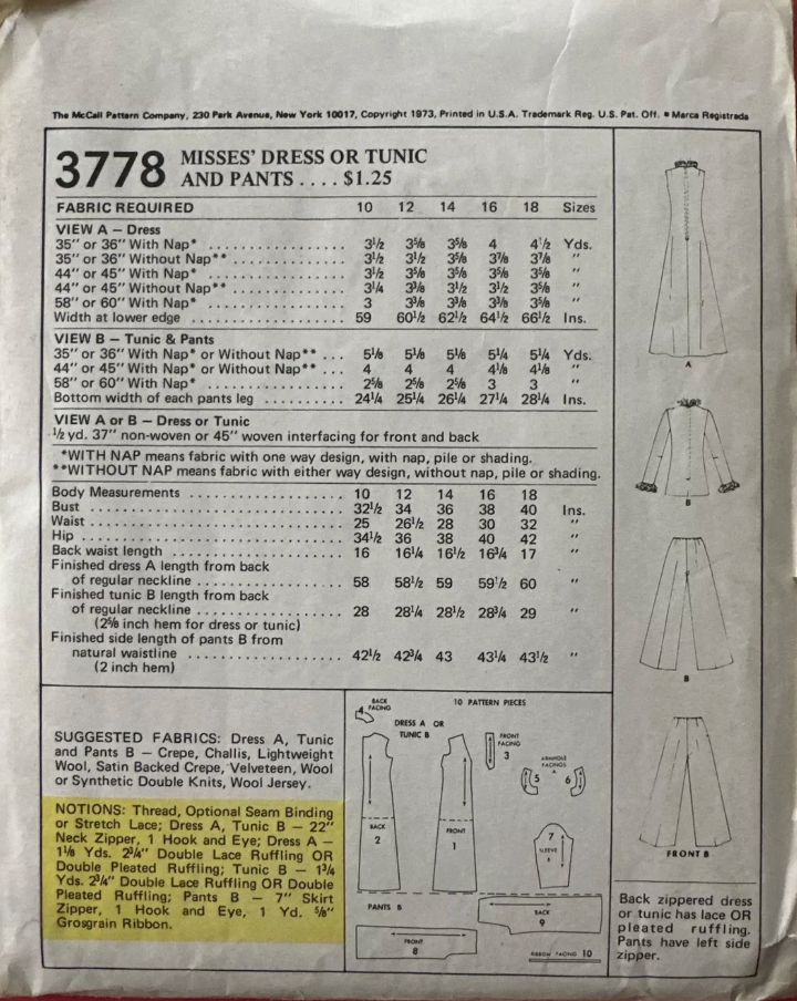 1970's McCall's Maxi Dress or Tunic and Pants Pattern - Bust 34" - No. 3778