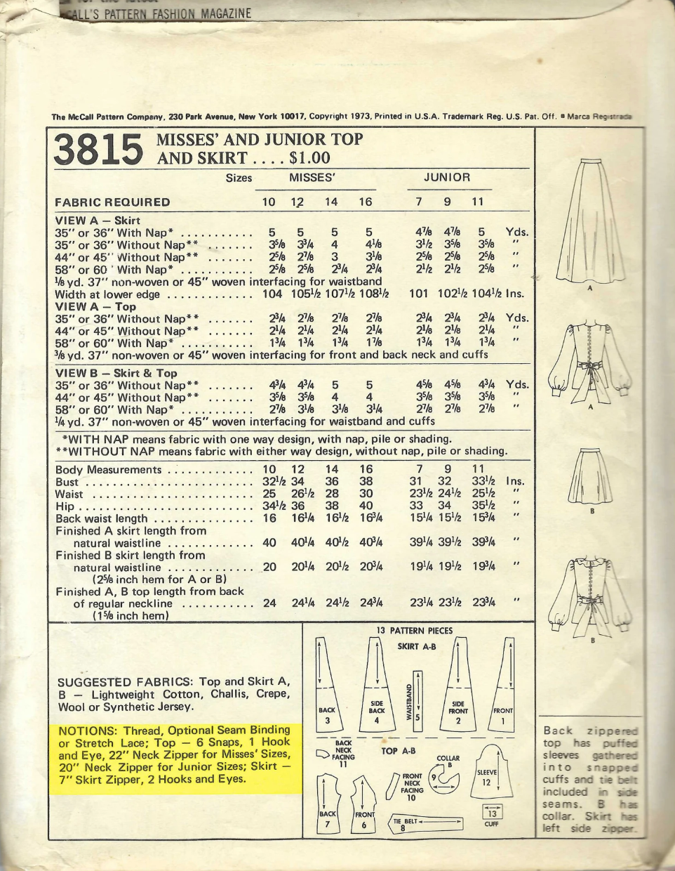 1970's McCall's V Neck Blouse and Mini or Maxi Skirt Pattern - Bust 32" - No. 3815