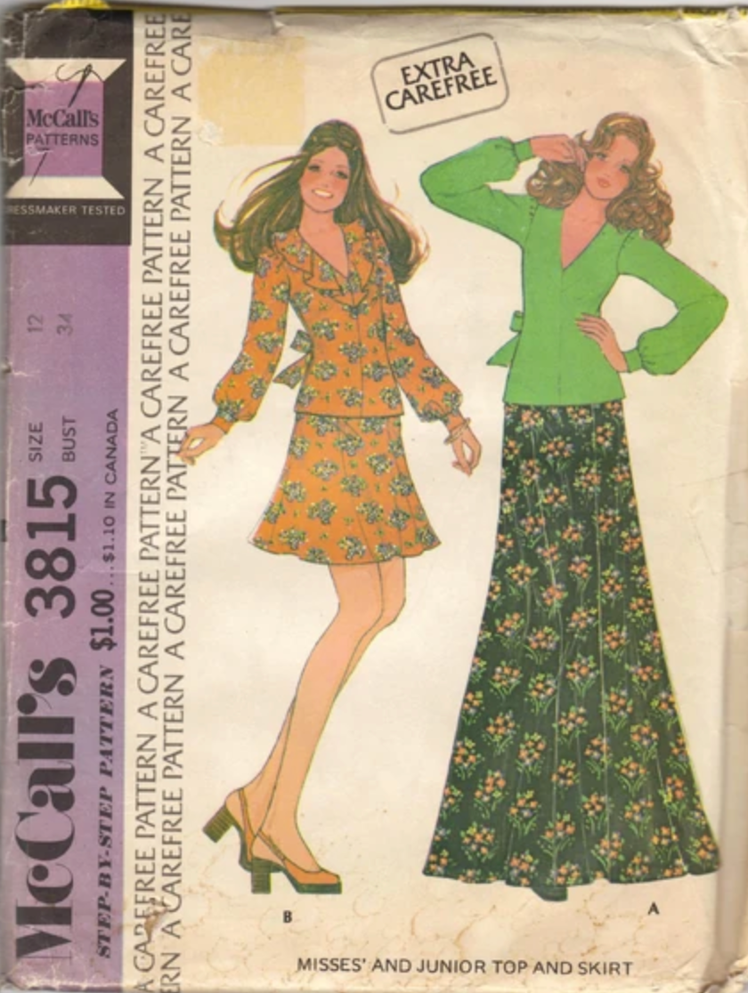 1970's McCall's V Neck Blouse and Mini or Maxi Skirt Pattern - Bust 32" - No. 3815