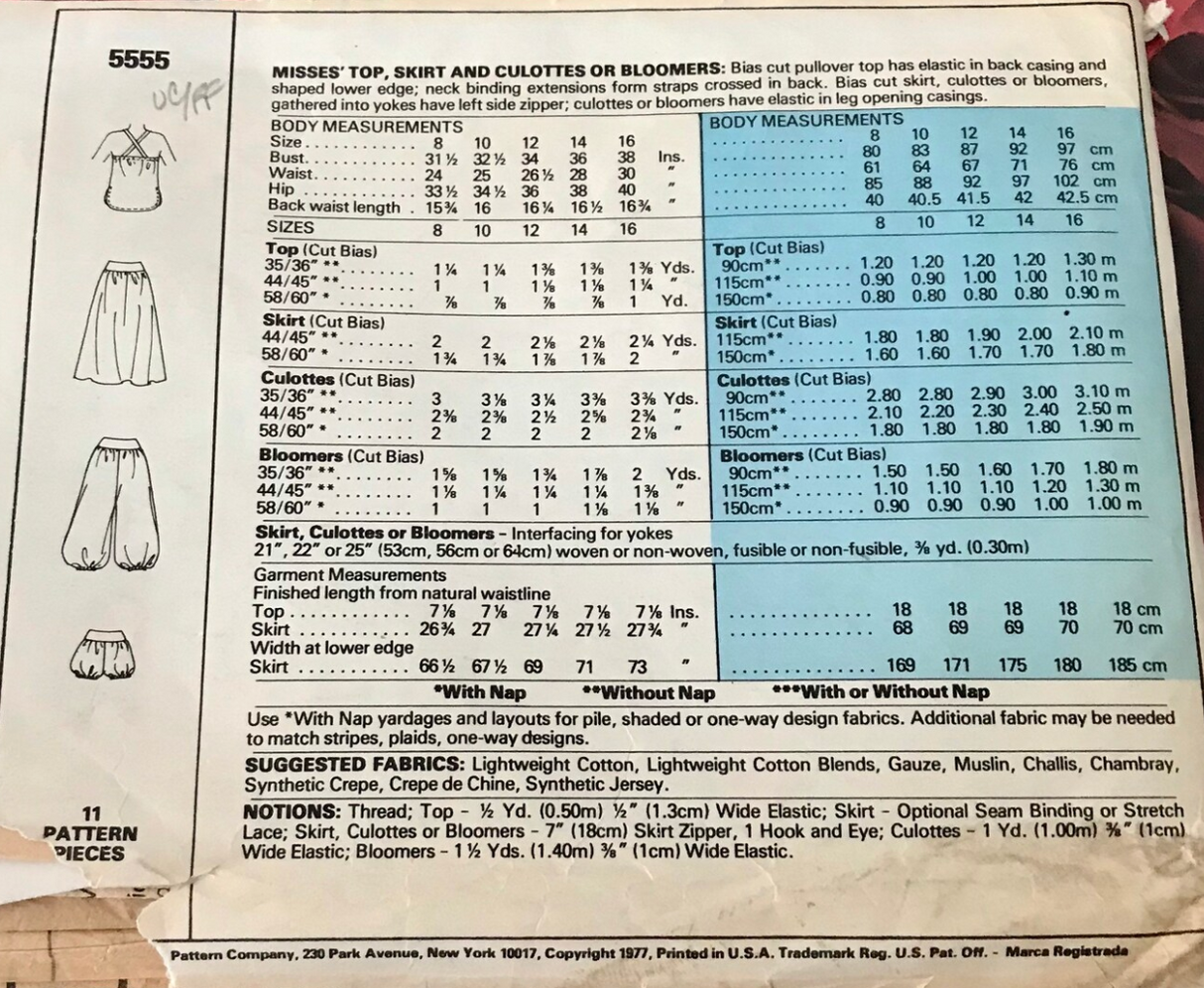 1970's McCall's Top, Skirt, Bloomers or Culottes pattern - Bust 31.5-38" - no. 5555