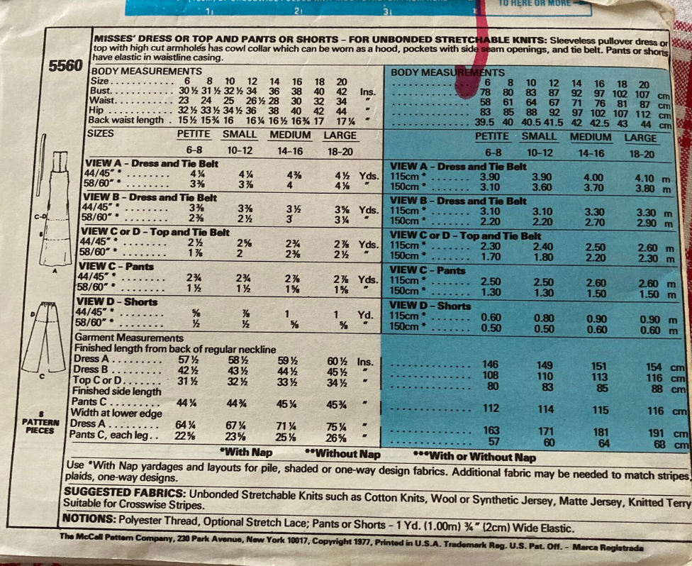 1970's McCall's Dress or Top, Pant or Shorts Pattern with Cowl as Hood - Bust 30.5-38" - no. 5560