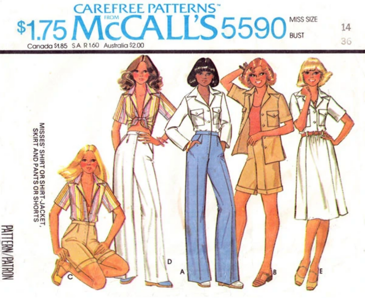 1970's McCall's Button Up or Tie Top, Skirt, Shorts or Pants pattern - Bust 31.5-38" - no. 5590