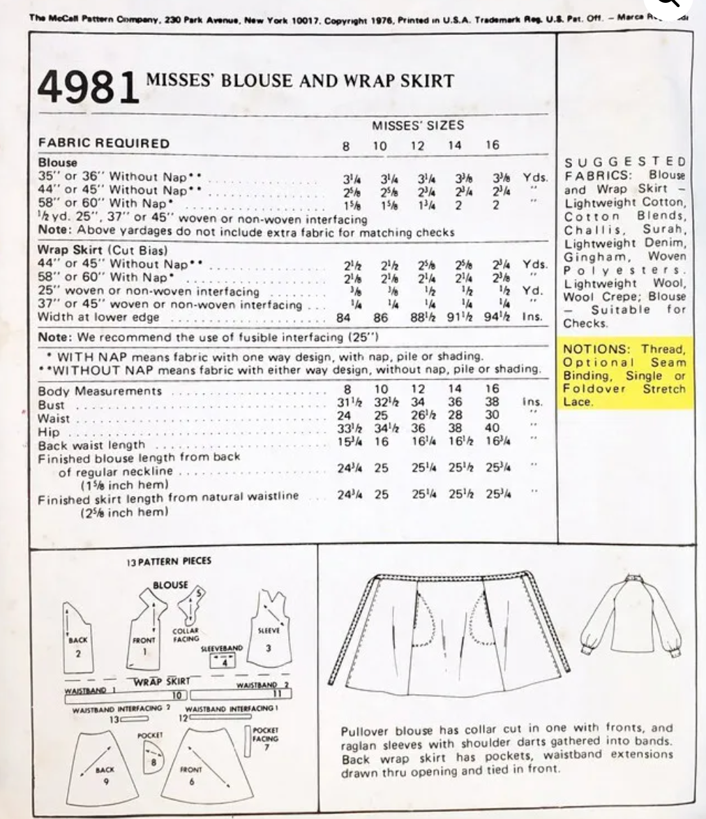 1970's McCall's Pullover Blouse Pattern and Wrap Skirt Pattern - Bust 32.5-38" - no. 4981