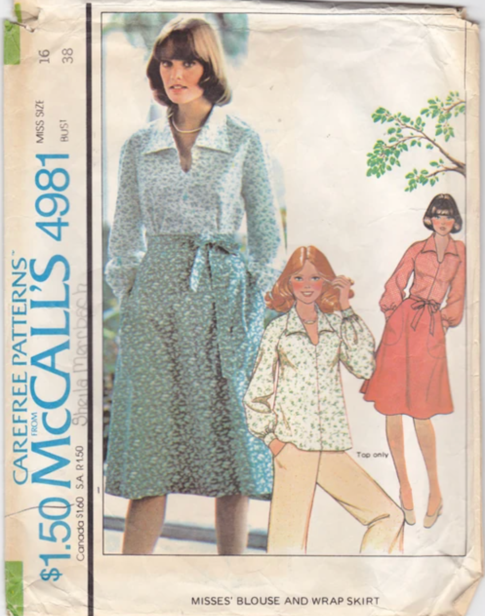 1970's McCall's Pullover Blouse Pattern and Wrap Skirt Pattern - Bust 32.5-38" - no. 4981