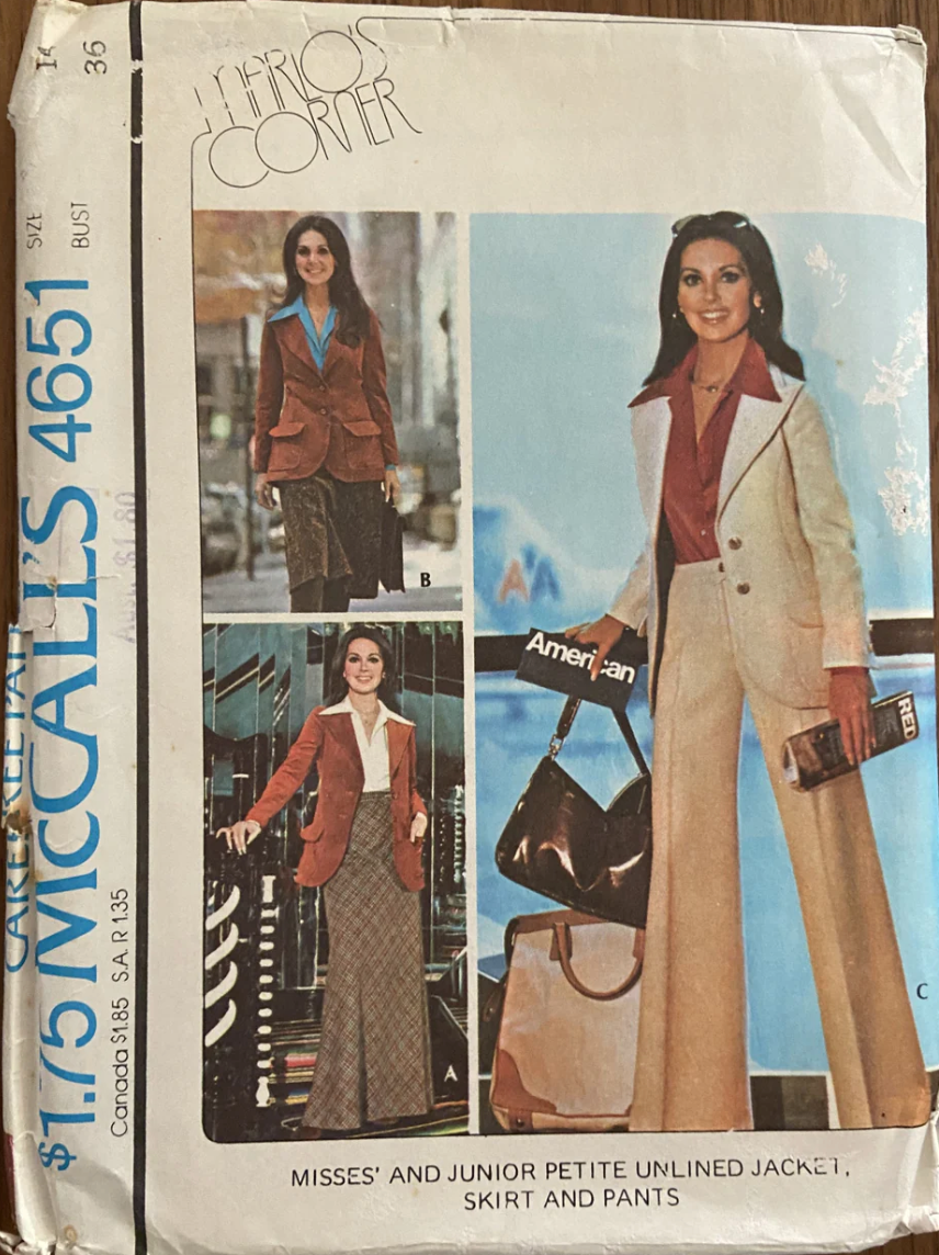 1970's McCall's Marlo's Corner Unlined Jacket, Pants and Skirt in Two Lengths Pattern - Bust 31-36" - no. 4651
