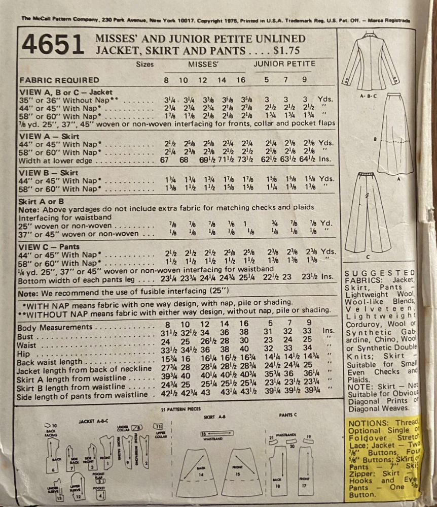 1970's McCall's Marlo's Corner Unlined Jacket, Pants and Skirt in Two Lengths Pattern - Bust 31-36" - no. 4651
