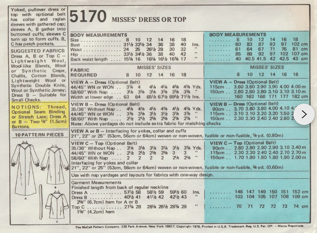 1970's McCall's Marlo's Corner Yoked Dress in Three Lengths Pattern - Bust 31.5-40" - no. 5170