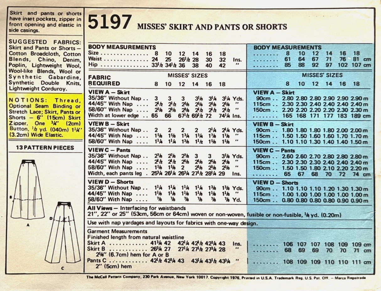 1970's McCall's Pants, Shorts or Skirt in Two Lengths Pattern - Waist 24-32" - no. 5197