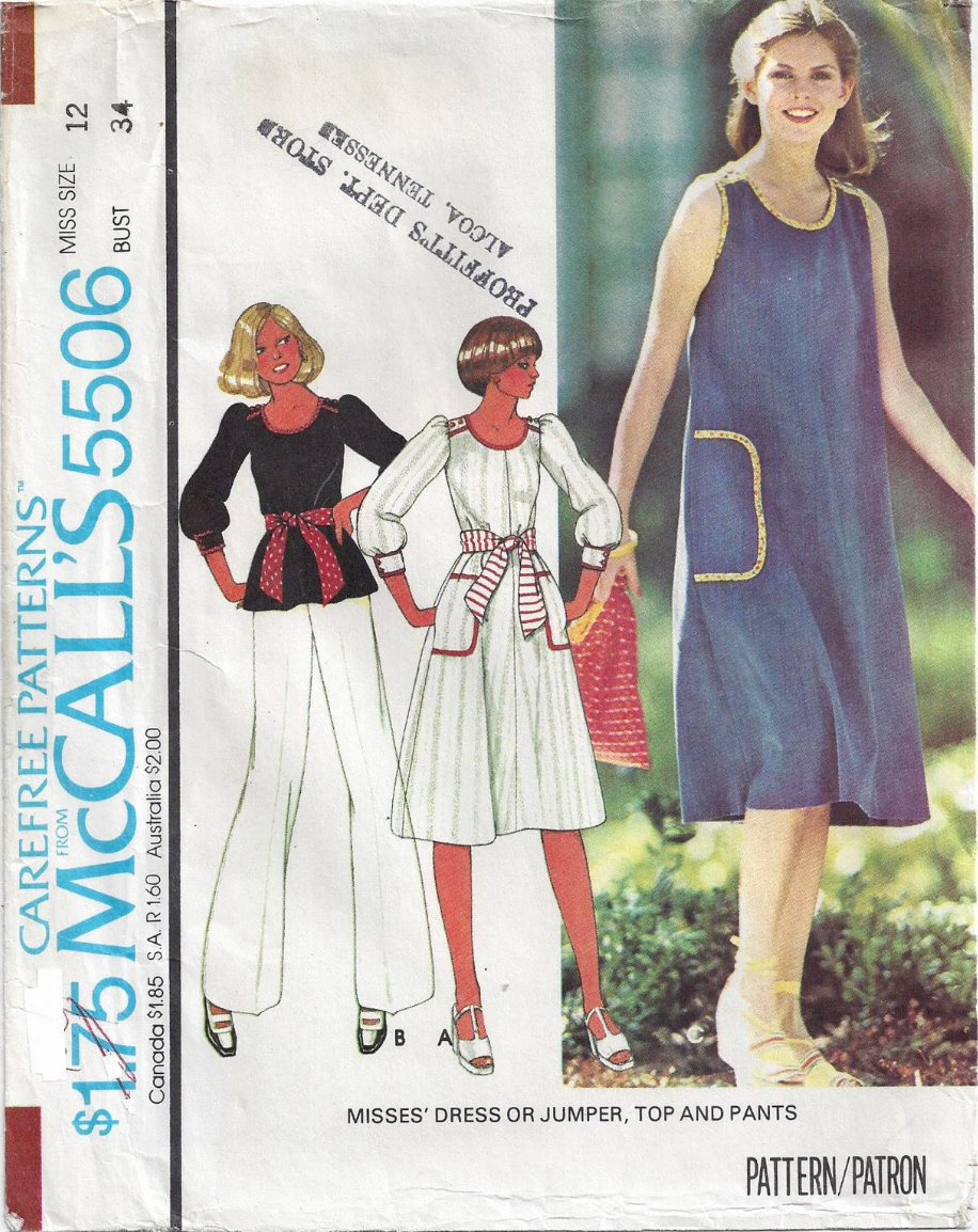 1970's McCall's Pullover Dress or Top and Pants Pattern - Bust 31.5-40" - no. 5506