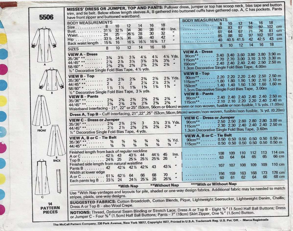 1970's McCall's Pullover Dress or Top and Pants Pattern - Bust 31.5-40" - no. 5506