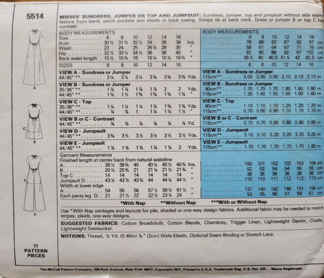 1970's McCall's Sundress, Jumper or Top Pattern with low cut back - Bust 30.5-38" - no. 5514