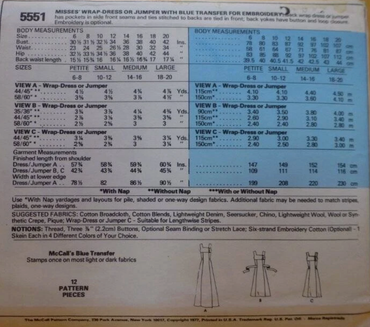 1970's McCall's Wrap Dress or Jumper Dress Pattern - Bust 30.5-42" - no. 5551