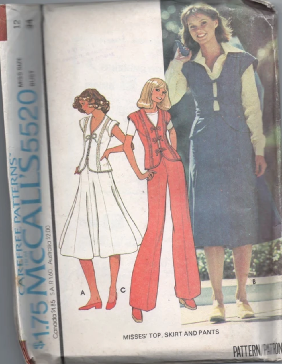 1970's McCall's Tie Front Top, Gored Skirt and Pants pattern - Bust 31.5-38" - no. 5520