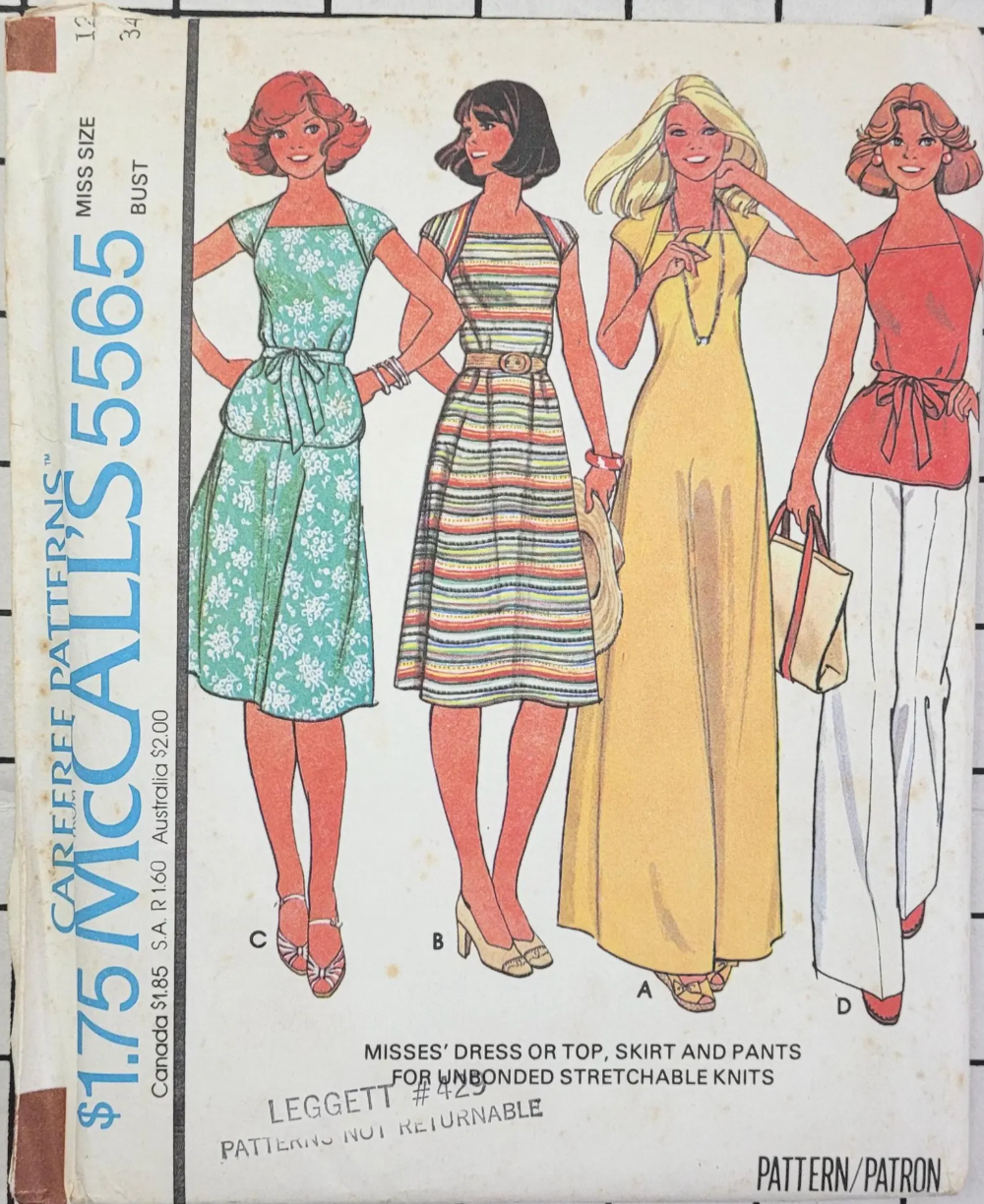 1970's McCall's Dress or Top, Skirt and Pants pattern - Bust 32.5-40" - no. 5565