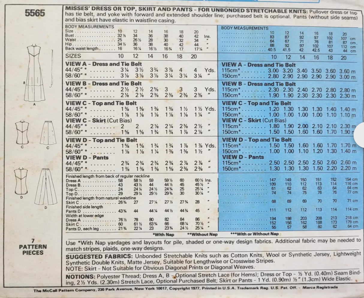 1970's McCall's Dress or Top, Skirt and Pants pattern - Bust 32.5-40" - no. 5565