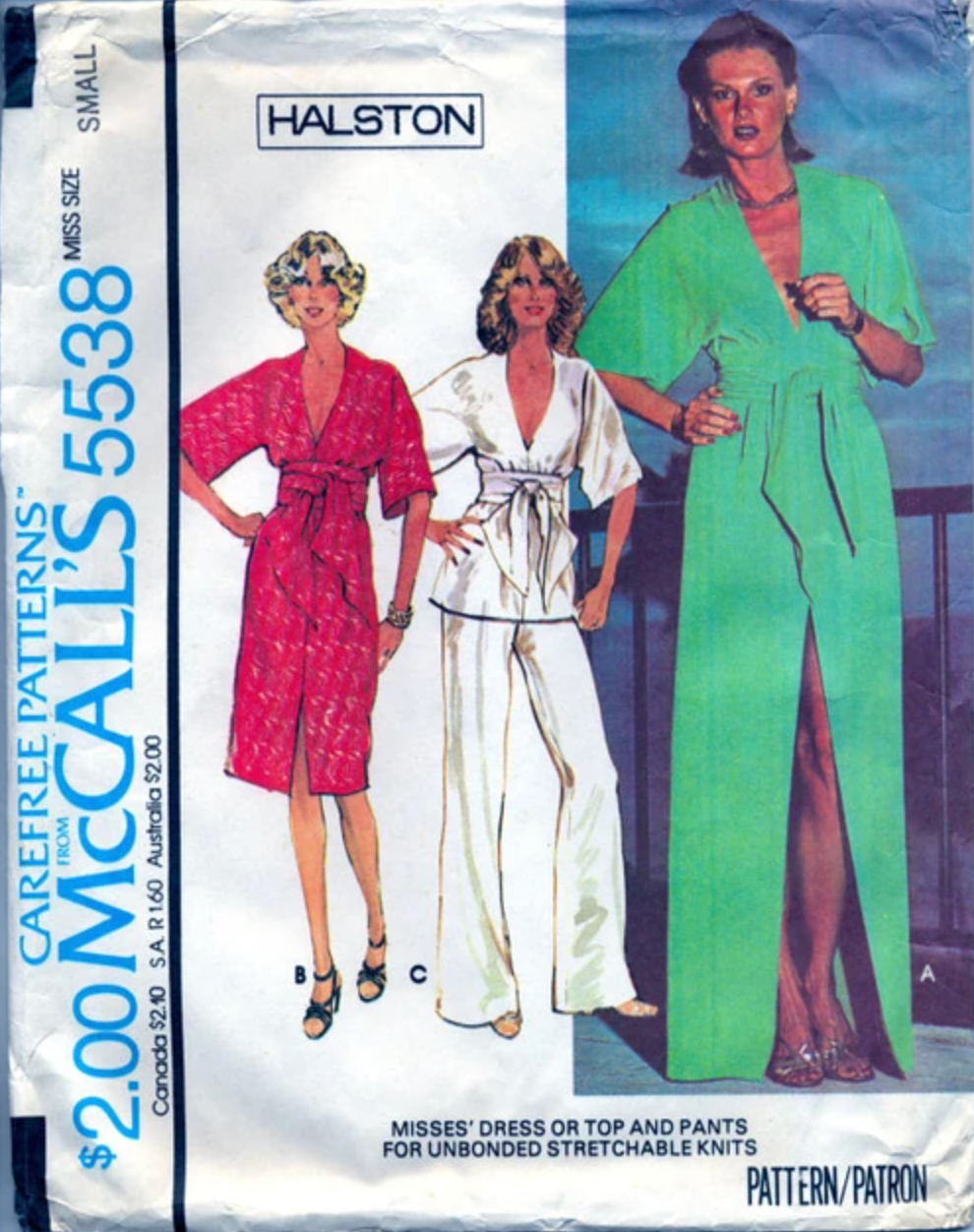 1970's McCall's HALSTON Dress, Top and Pants pattern - Bust 30.5-38" - no. 5538