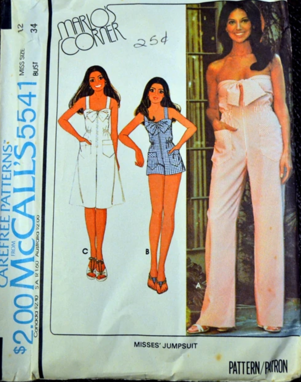 1970's McCall's Marlo's Corner Bow Accent Dress, Romper or Jumpsuit pattern - Bust 31.5-38" - no. 5541