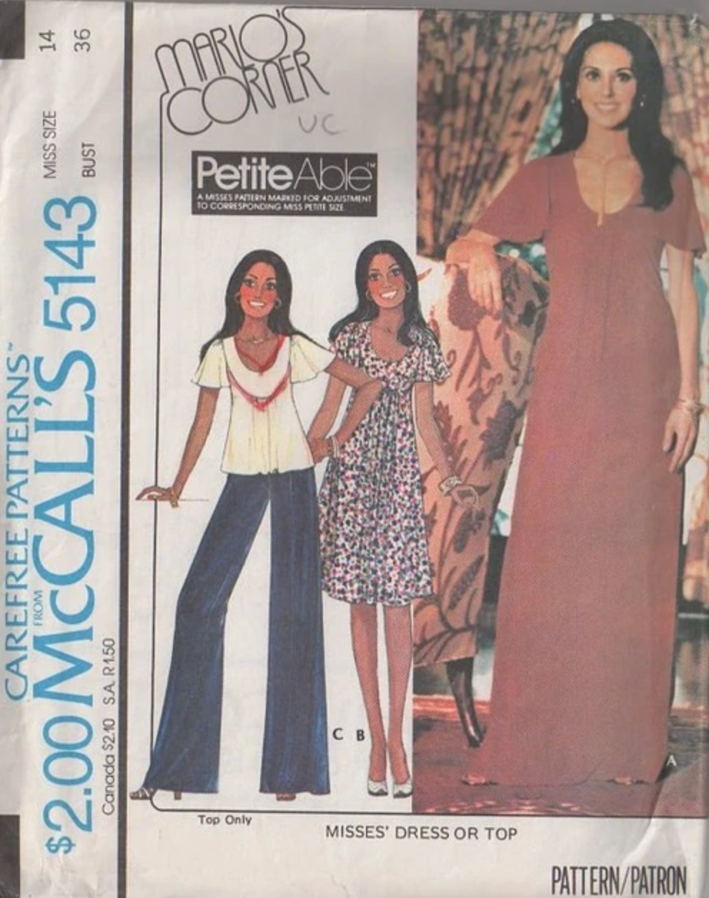 1970's McCall's Marlo's Corner Yoked dress or Top pattern - Bust 30.5-32.5" - No. 5143