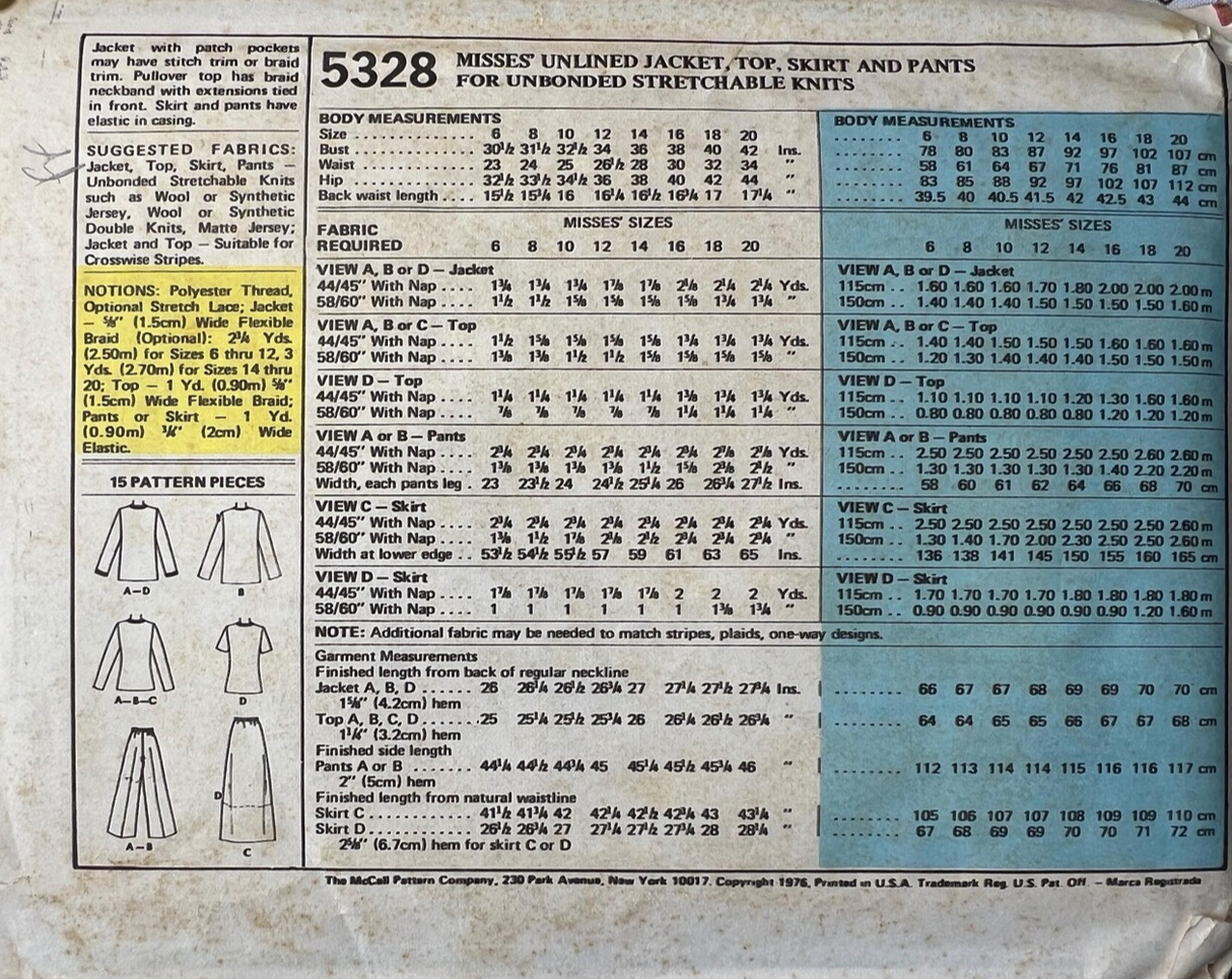 1970's McCall's Pants, Skirt, Jacket and Top pattern - Bust 30.5-34" - no. 5328