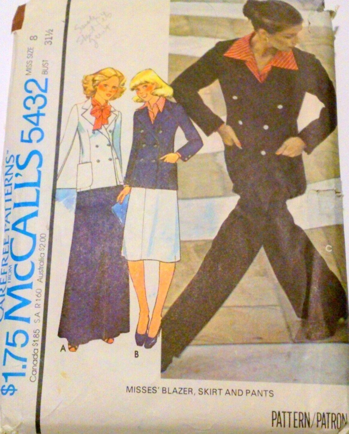 1970's McCall's Skirt, Wide Leg Pants and Blazer pattern - Bust 31.5-38" - no. 5432