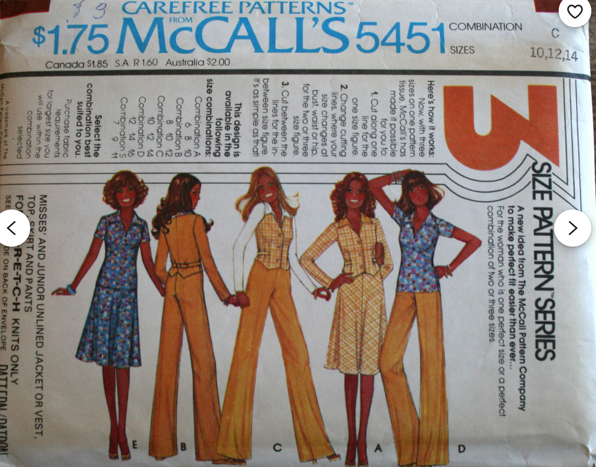 1970's McCall's Pants, Skirt, Unlined Jacket or Vest, and Top pattern - Bust 31.5-36" - no. 5451