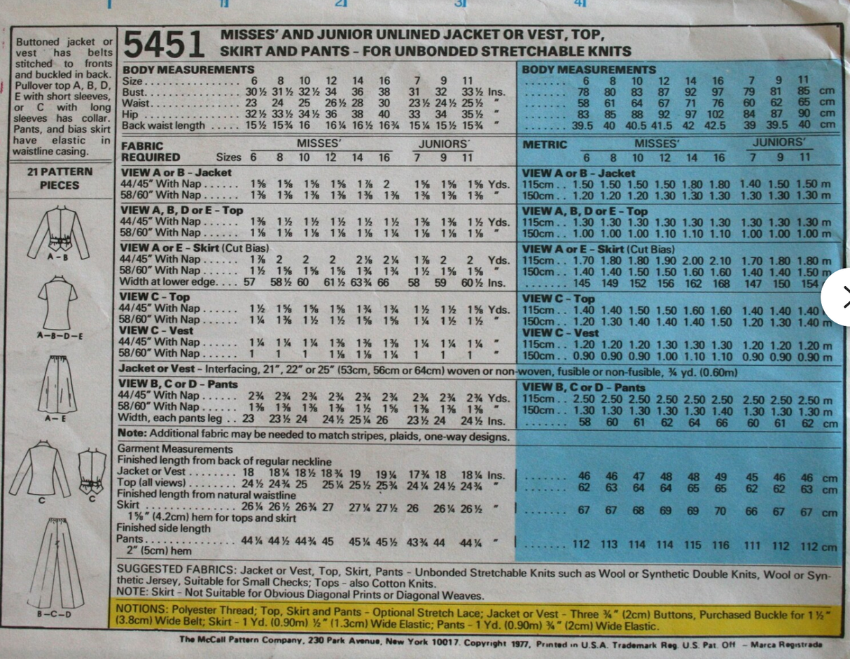 1970's McCall's Pants, Skirt, Unlined Jacket or Vest, and Top pattern - Bust 31.5-36" - no. 5451