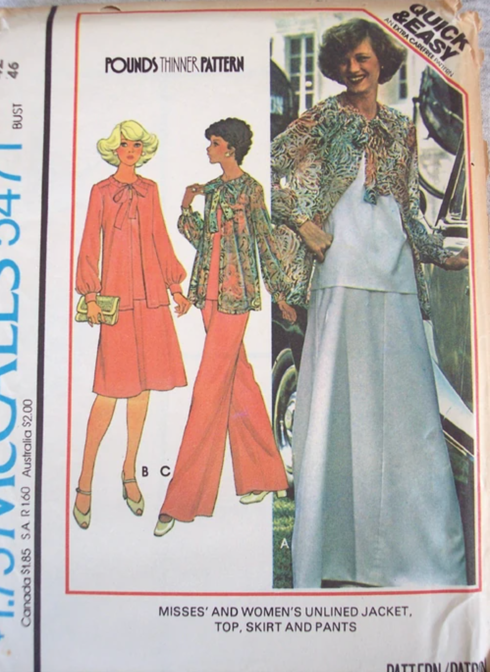 1970's McCall's Unlined Jacket, Top, Skirt and Pants pattern - Bust 34-44" - no. 5471
