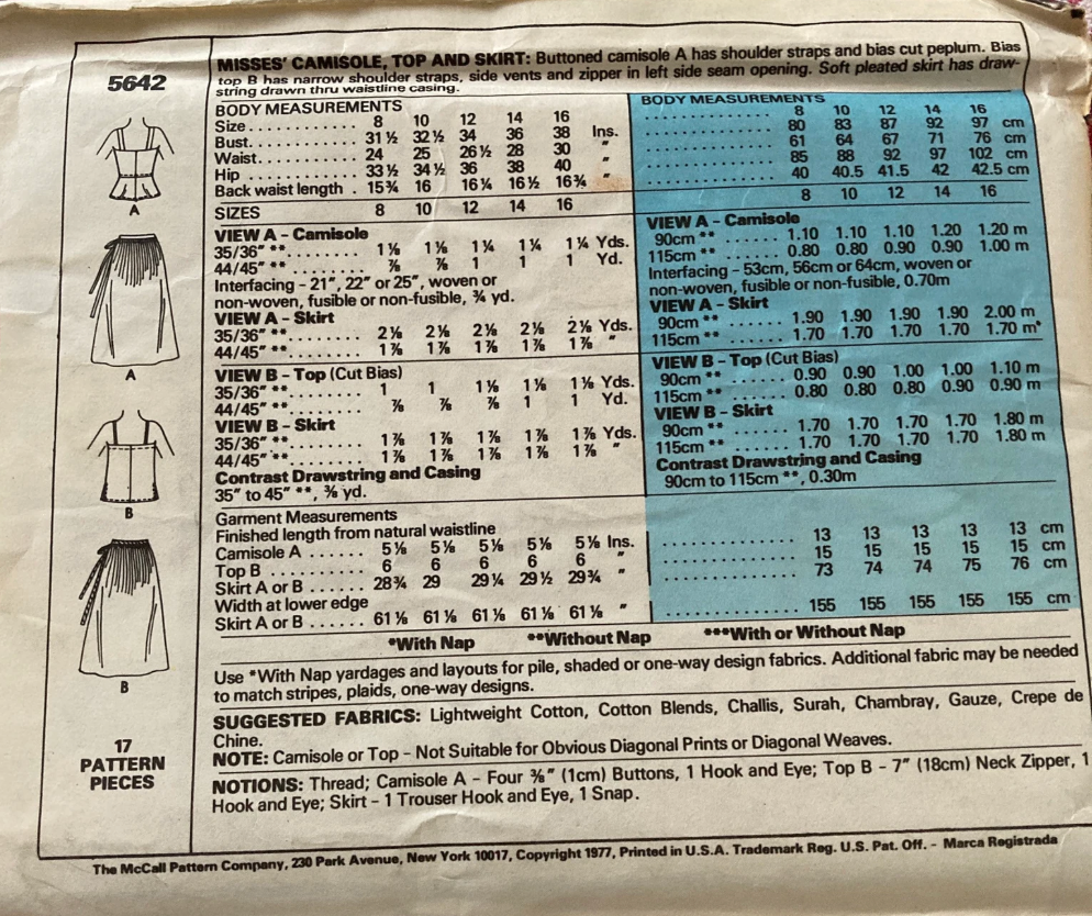 1970's McCall's CINNAMON Camisole Top and Skirt pattern - Bust 31.5-38" - no. 5642