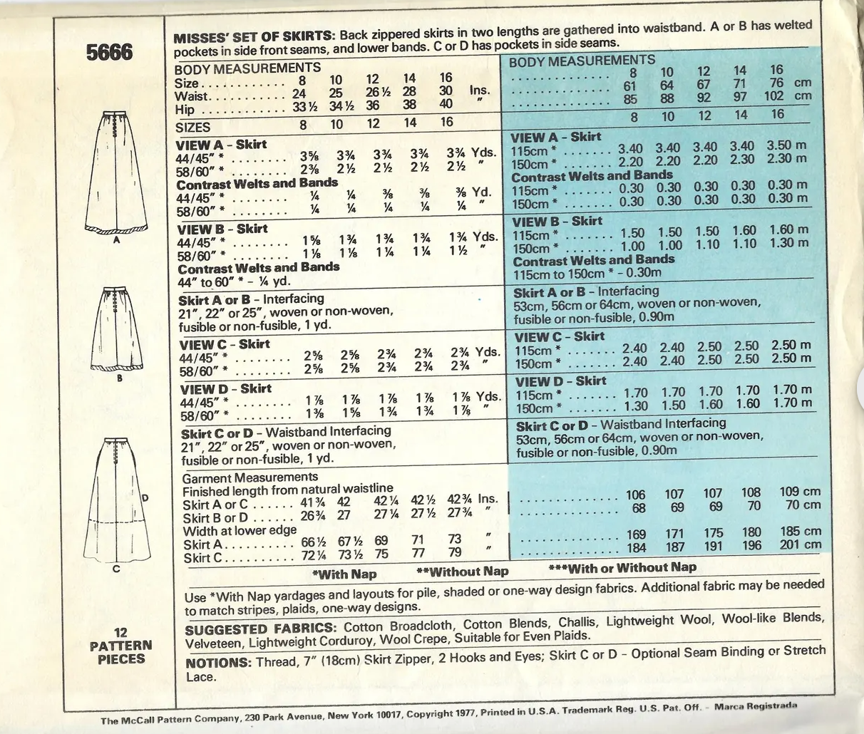 1970's McCall's Set of Skirts pattern - Waist 24-30" - no. 5666