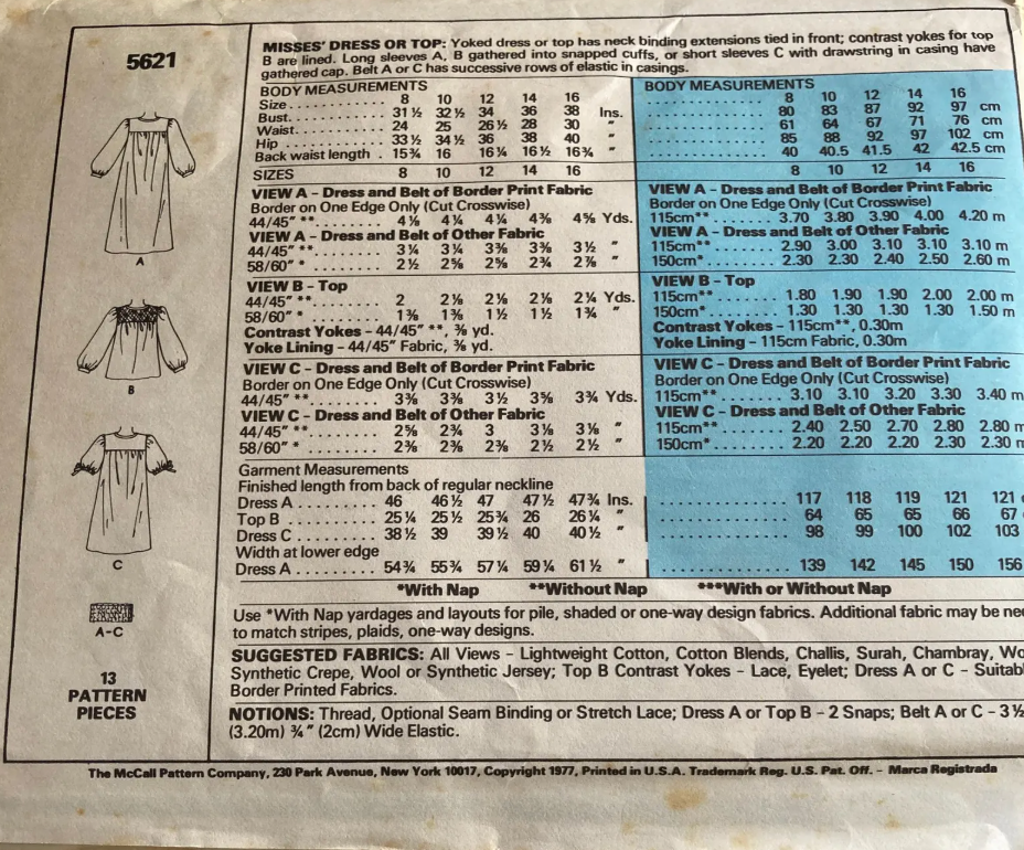 1970's McCall's Yoked Top or Dress and Belt pattern - Bust 31.5-38" - no. 5621
