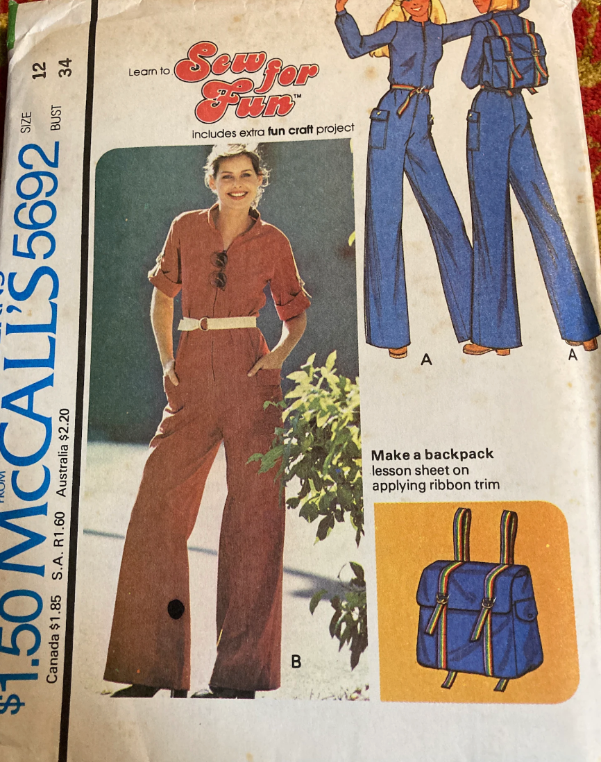 1970's McCall's Jumpsuit and Backpack pattern - Bust 31.5-38" - No. 5692