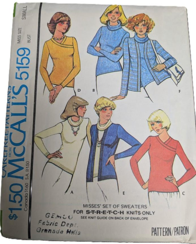 1970's McCall's Set of Long Sleeve Sweaters pattern - Bust 36-38" - No. 5159