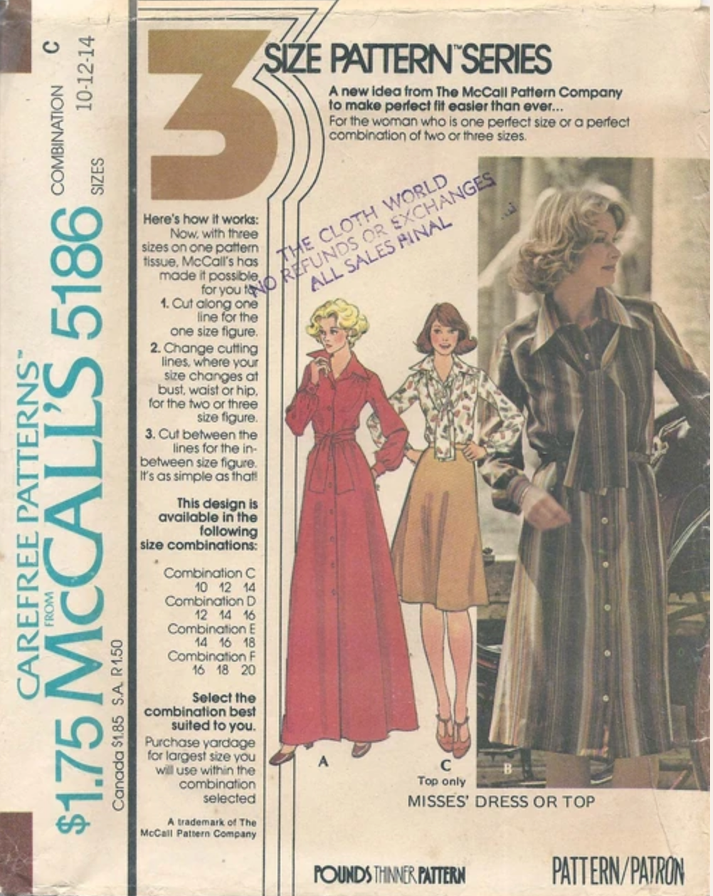 1970's McCall's Button Up Shirt or Dress and Scarf pattern - Bust 32.5-36" - No. 5186