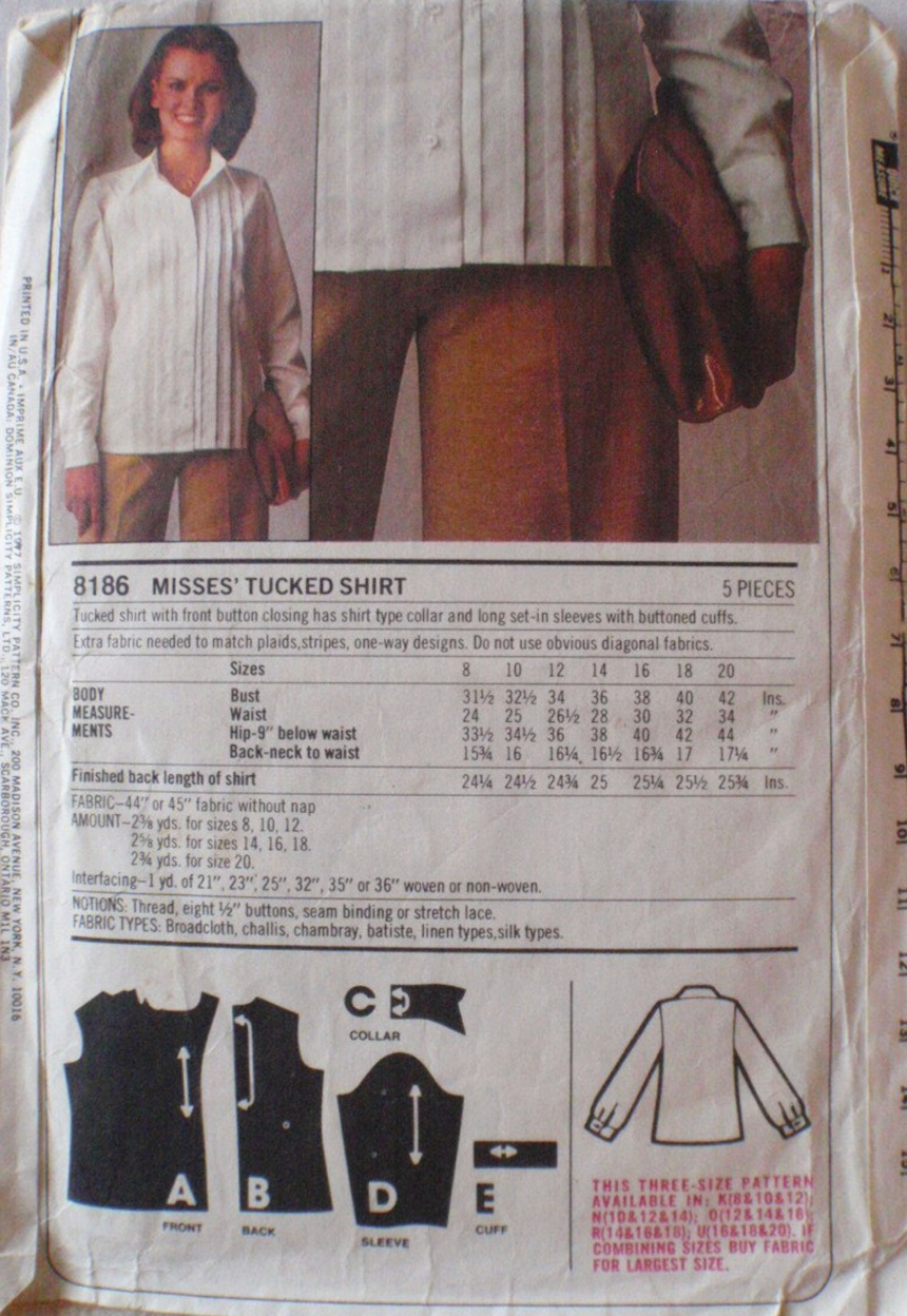 1970's Simplicity E.S.P. Button Up Blouse Pattern - Bust 31.5-42" - No. 8186