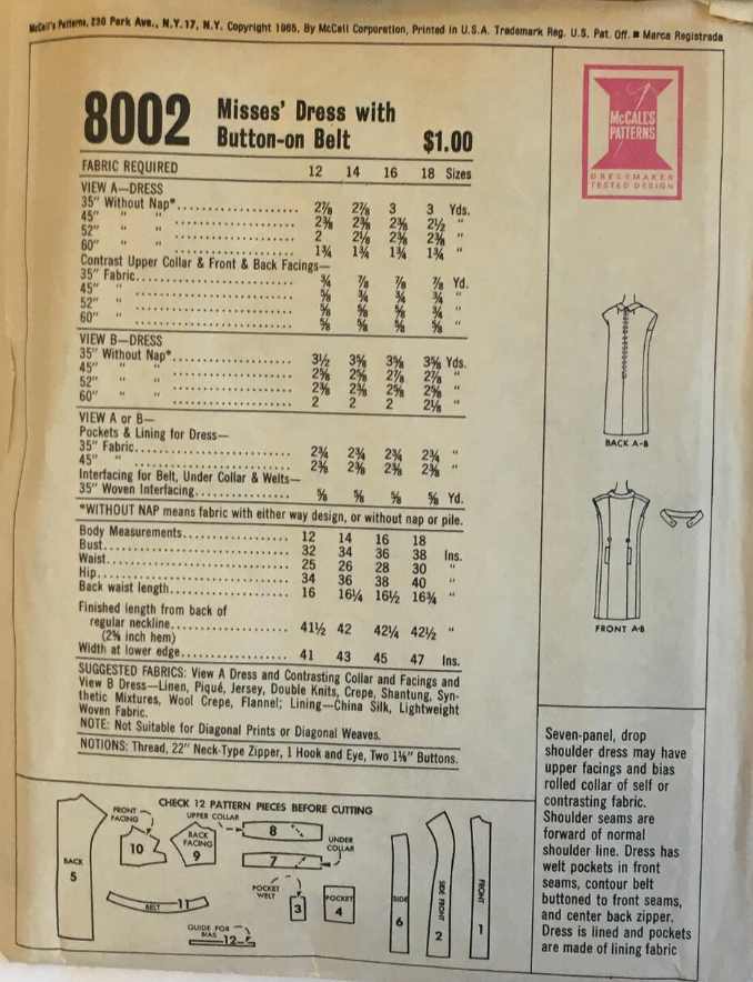 1960's McCall's Designer Princess Line Shift Dress pattern - Larry Aldrich - Bust 36" - No. 8002