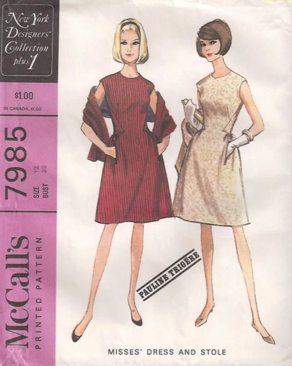 1960's McCall's Designer Waist Accent Panel Dress pattern - Pauline Trigère - Bust 36" - No. 7985