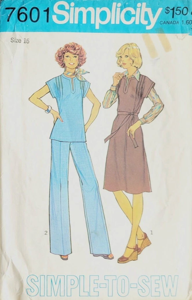 1970's Simplicity Princess Line Pullover Dress, Top and Pants pattern - Bust 38" - No. 7601
