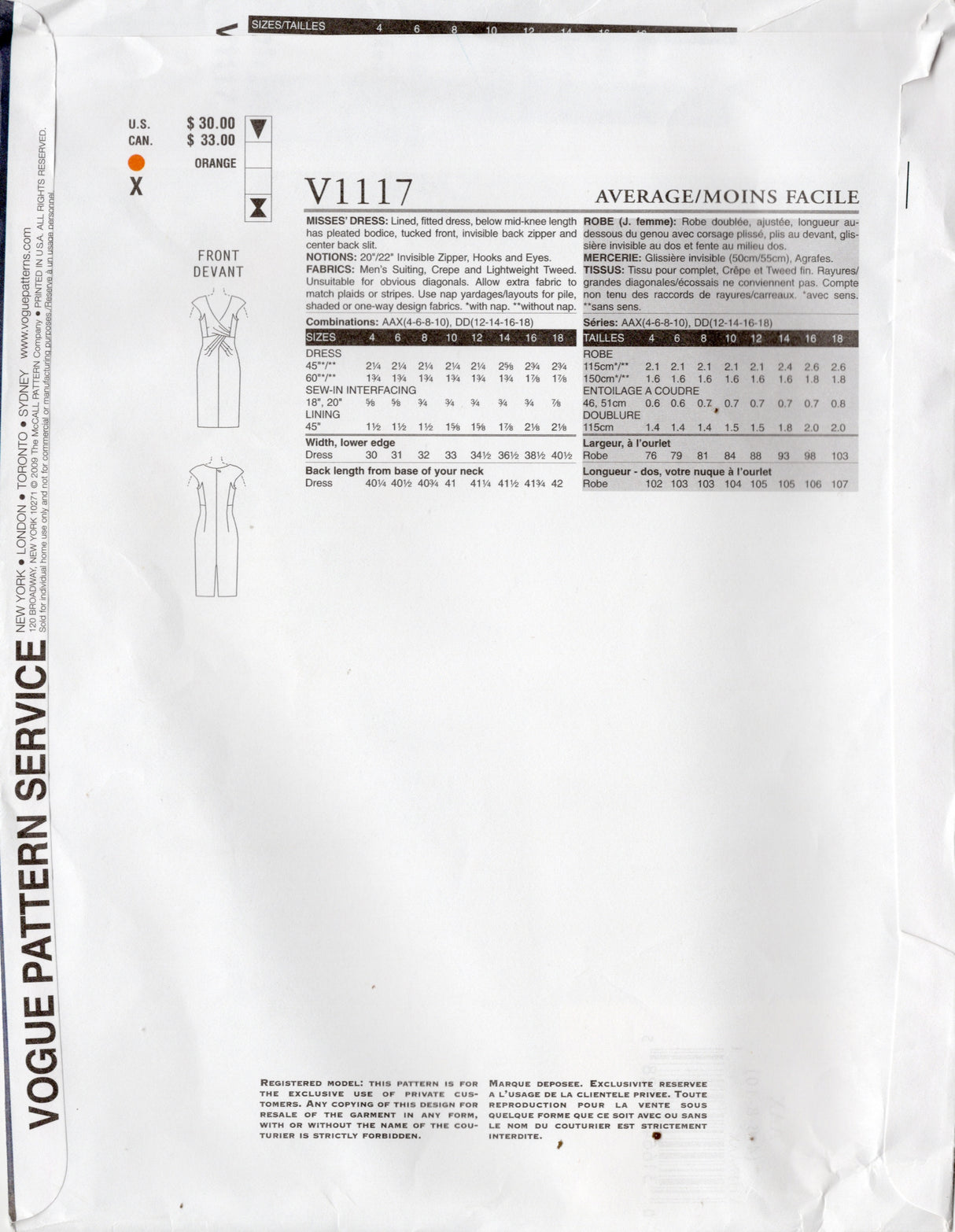 2000's Vogue American Designer Michael Kors Surplice Bodice Sheath Dress Pattern - Bust 29.5-32.5" - No. V1117