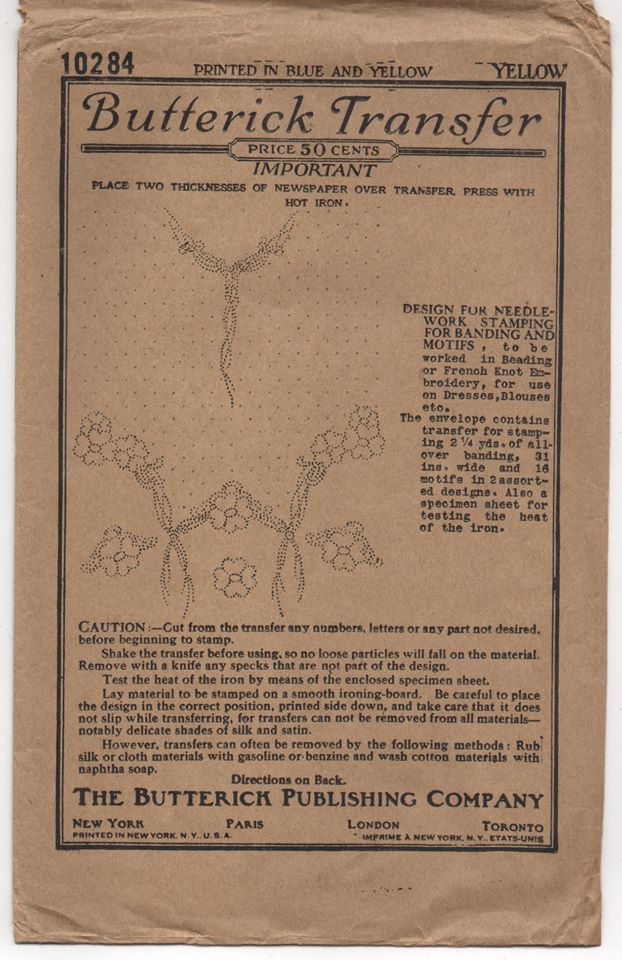 1930's Butterick Floral Design Transfer for blouses and dresses - yellow - No. 10284