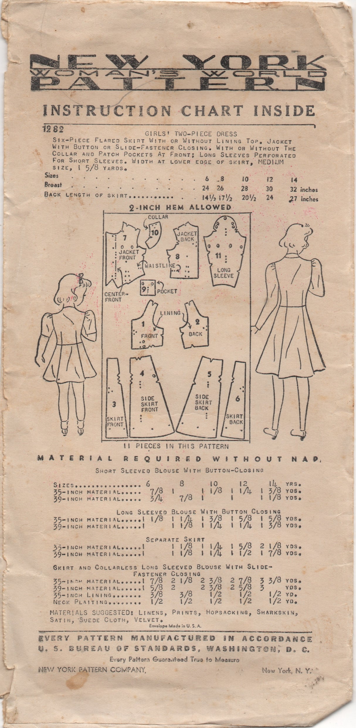 1940's New York Child's Two Piece Dress with Zip or Button Front - Chest 28" - No. 1282