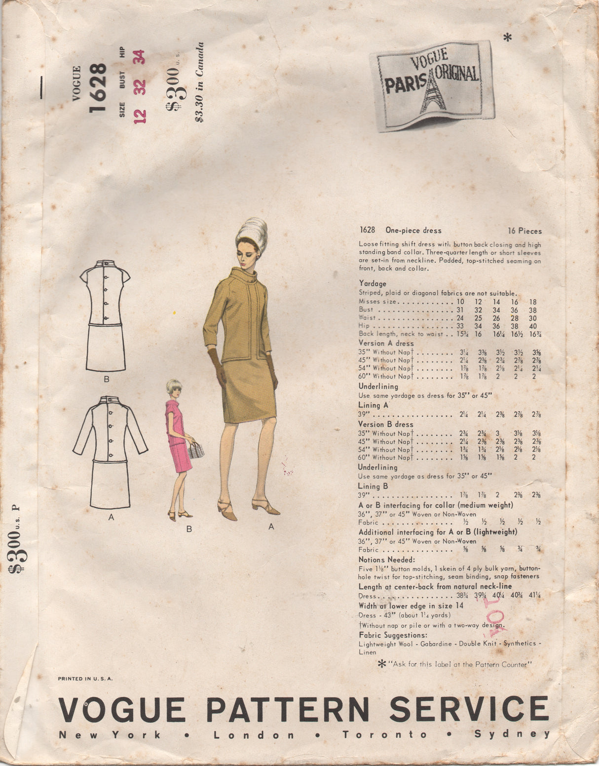 1960's Vogue Paris Original Mod One Piece Dress with Loose Fitting Bodice - Bust 32.5" - No. 1628