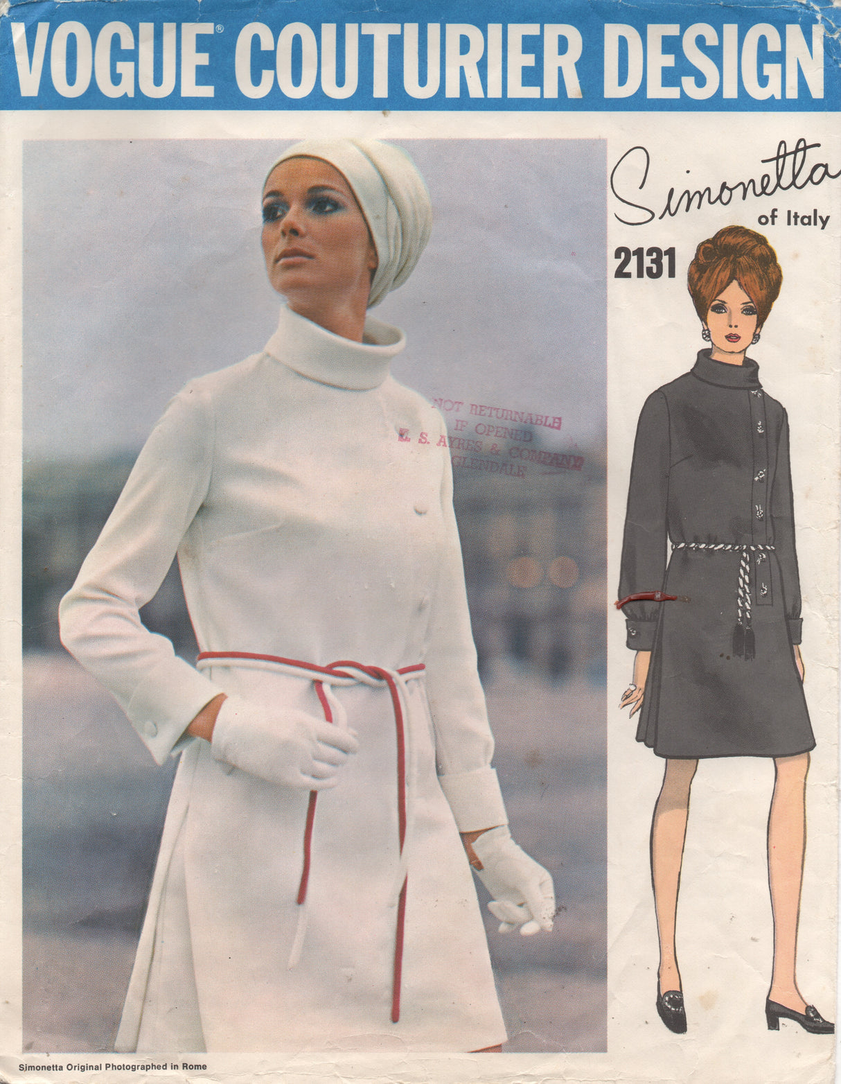 1960's Vogue Couturier Design One Piece A line Dress with tall Stand Collar and Side Buttons - UC/FF - Bust 31.5" - No. 2131