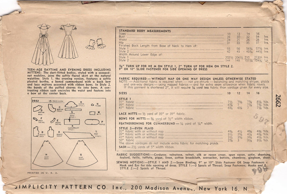 1940’s Simplicity Evening Gown in Two Lengths with Scoop neckline and Large Collar and optional Puff Sleeves - Bust 34” - No. 2662