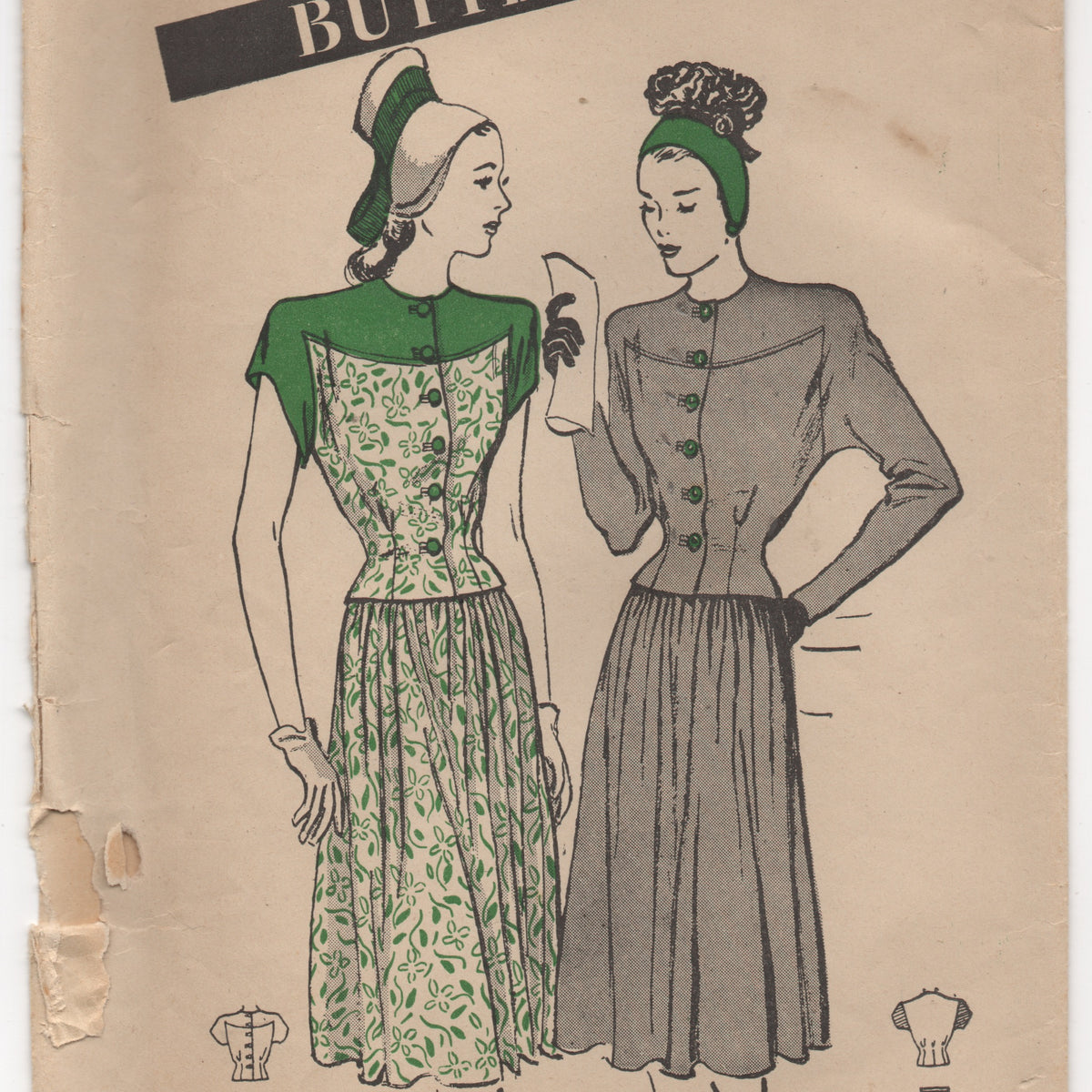 1940's Butterick Shirtwaist Dress with Tucked Front Skirt Pattern - Bust 42